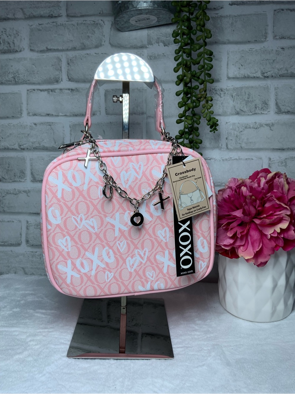 XOXO Pink & White Heart XOX Print Crossbody with Charm Chain
